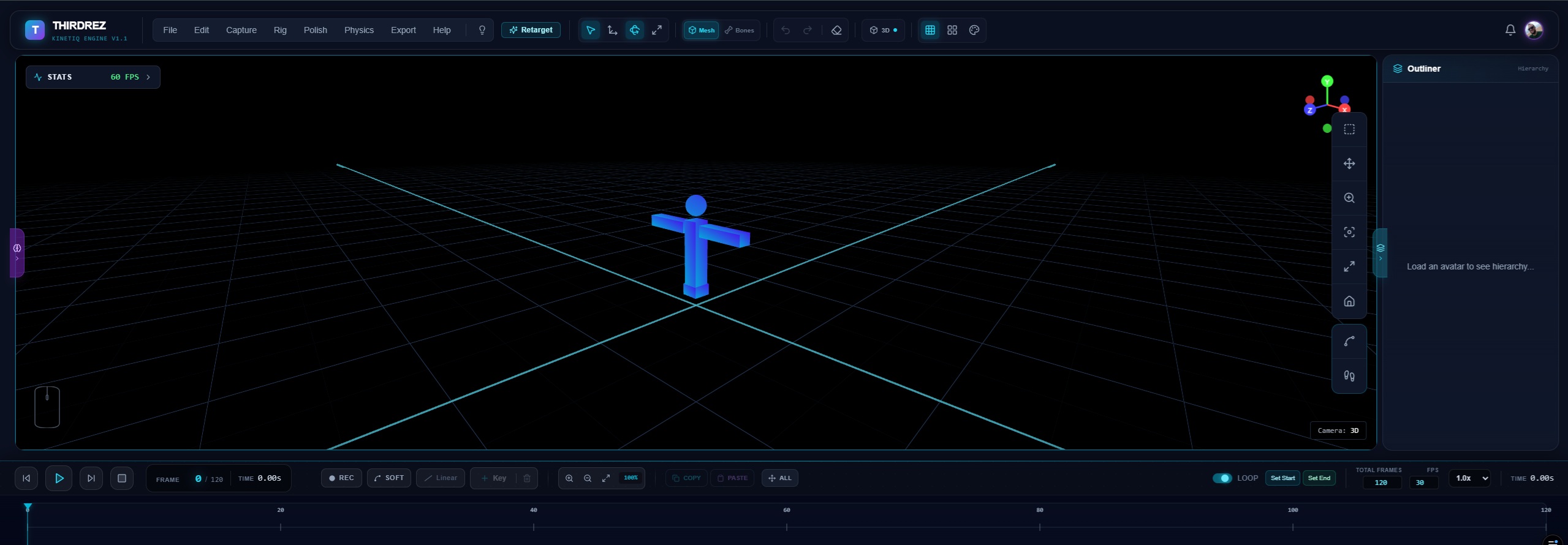 Kinetiq Engine v1.1 โ browser-based animation editor with menu bar (File, Edit, Capture, Rig, Polish, Physics, Export, Help), Retarget button, 3D viewport with grid floor and T-pose mannequin at 60 FPS, right-side camera and tools toolbar, Outliner panel, transport controls, and timeline
