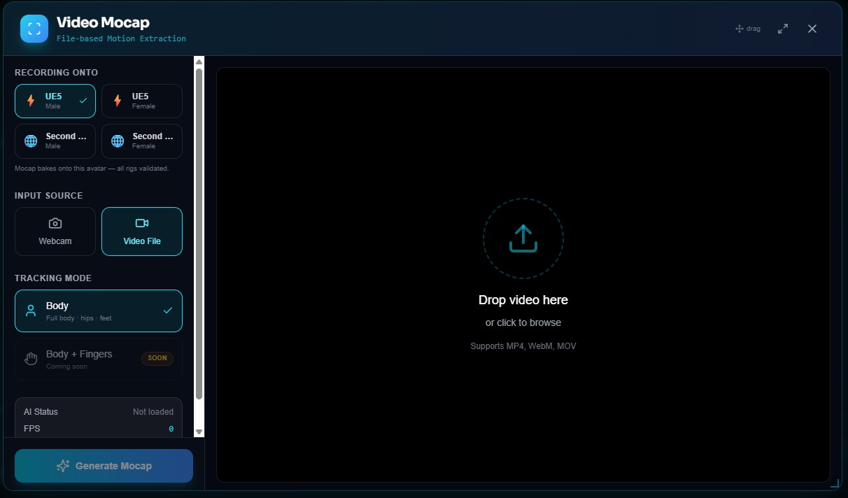 Kinetiq Engine Quick Capture modal — left sidebar with a Recording Onto avatar picker (UE5 Male/Female, Second Life Male/Female), an Input Source toggle (Webcam / Video File), Tracking Mode set to Body (full body, hips, feet), an AI status readout, and a Generate button; on the right, a large drop zone reading 'Drop video here — supports MP4, WebM, MOV'