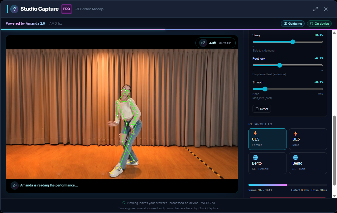 Kinetiq Engine Studio Capture (Amanda 2.0) mid-capture — a live green body skeleton tracks a dancer on stage, a progress chip at the top reads '48% · 707/1441', and the right rail shows the Fine-tune sliders (Sway, Foot lock, Smooth — each centered on a tuned default with − and + ends) with a Reset button and the Retarget To picker; the footer shows 'processed on-device · WebGPU' with per-frame Detect and Pose timings