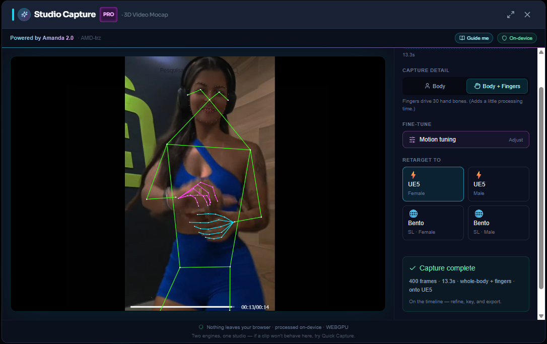 Kinetiq Engine Studio Capture (Amanda 2.0) on a portrait dance clip — a live green body skeleton plus cyan and magenta finger skeletons tracking both hands and face landmarks; the title bar reads 'Studio Capture PRO · 3D Video Mocap' with a Guide me button and an On-device badge; the right rail shows Capture Detail set to Body + Fingers ('Fingers drive 30 hand bones'), a Fine-tune (Motion tuning) panel, a Retarget To picker (UE5 Female/Male, Bento SL Female/Male), and a 'Capture complete — 400 frames · 13.3s · whole-body + fingers · onto UE5' panel; the footer reads 'Nothing leaves your browser · processed on-device · WebGPU'