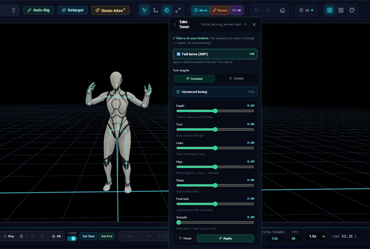 Kinetiq Engine editor after a video mocap bake — the captured avatar stands on the grid with its skeleton visible while the floating Take Tuner panel confirms 'Take is on your timeline — flip presets and watch it change, instant, no re-processing'; the panel shows Full turns (360°) ON, a Turn engine selector (Assisted / Classic), and Advanced tuning sliders for Depth, Turn, Lean, Hips, Sway, Foot lock and Smooth with Reset and Apply buttons; the timeline below shows 336 frames at 30 FPS